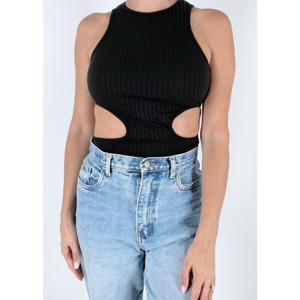 Women's Black Ribbed Jewel Neckline Cut Out Top Size Small